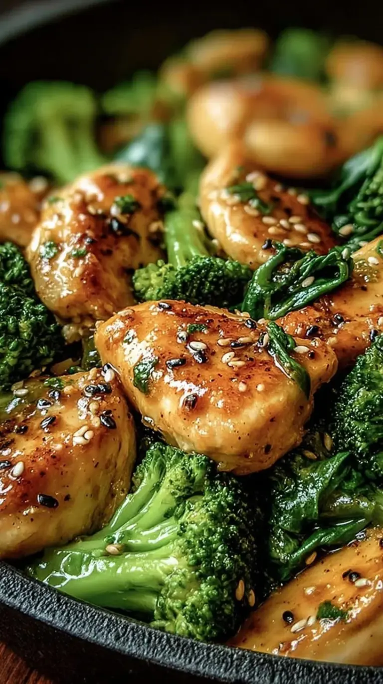 A vibrant stir-fry of golden chicken cubes, bright green broccoli, and wilted spinach in a garlic sauce