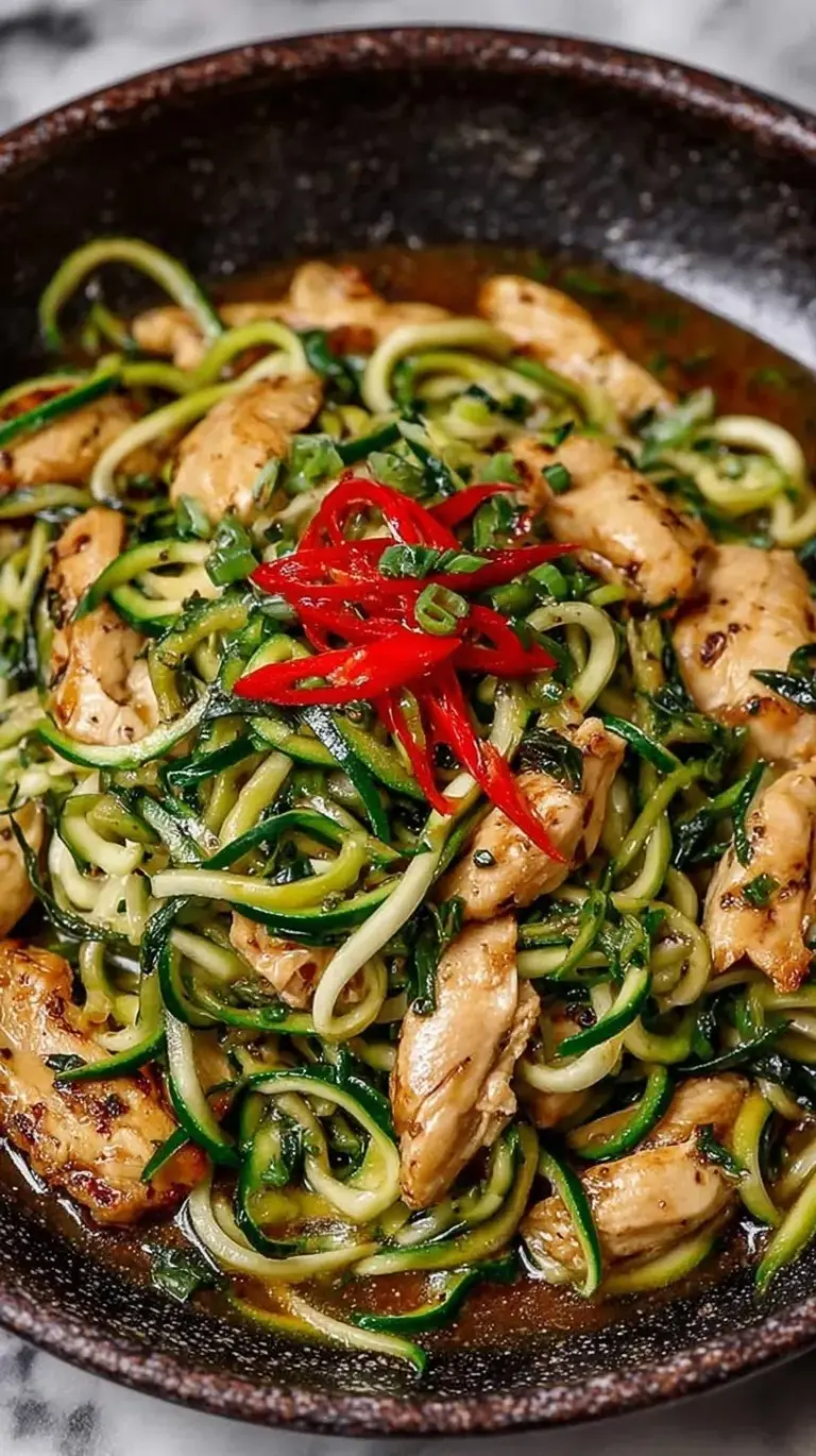 A skillet filled with Garlic Chicken Zucchini Noodles topped with sesame seeds
