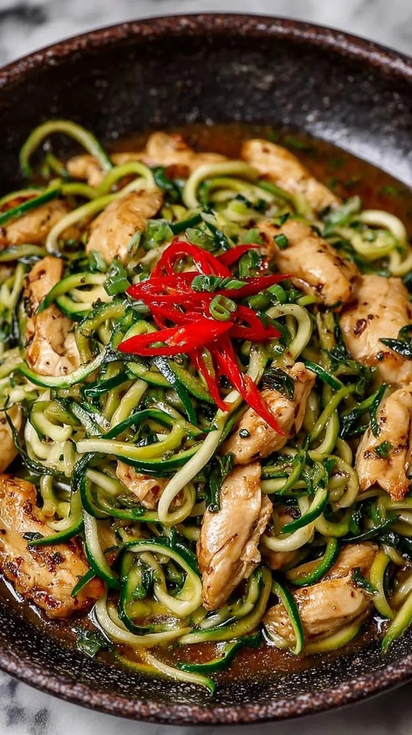 A skillet filled with Garlic Chicken Zucchini Noodles topped with sesame seeds