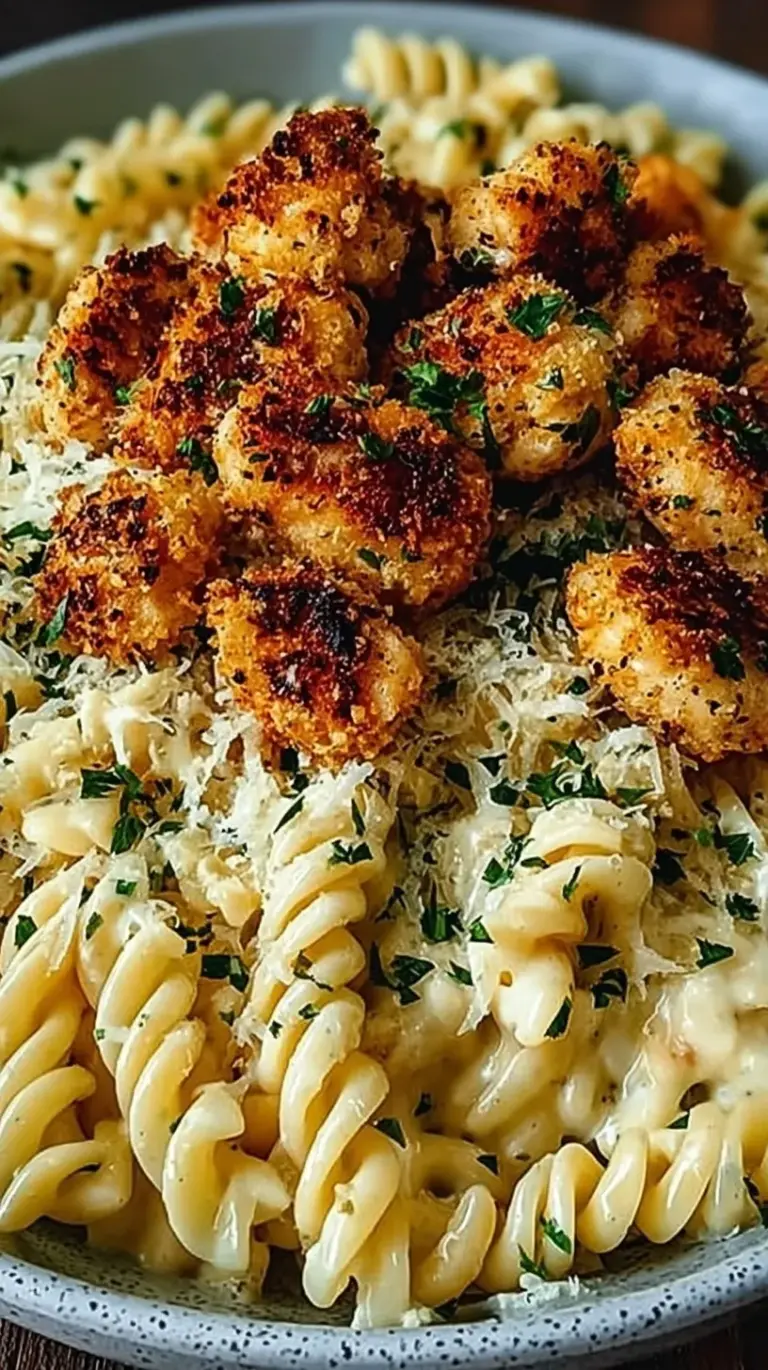 Golden-brown chicken bites and rotini pasta tossed in a creamy garlic parmesan sauce with fresh parsley