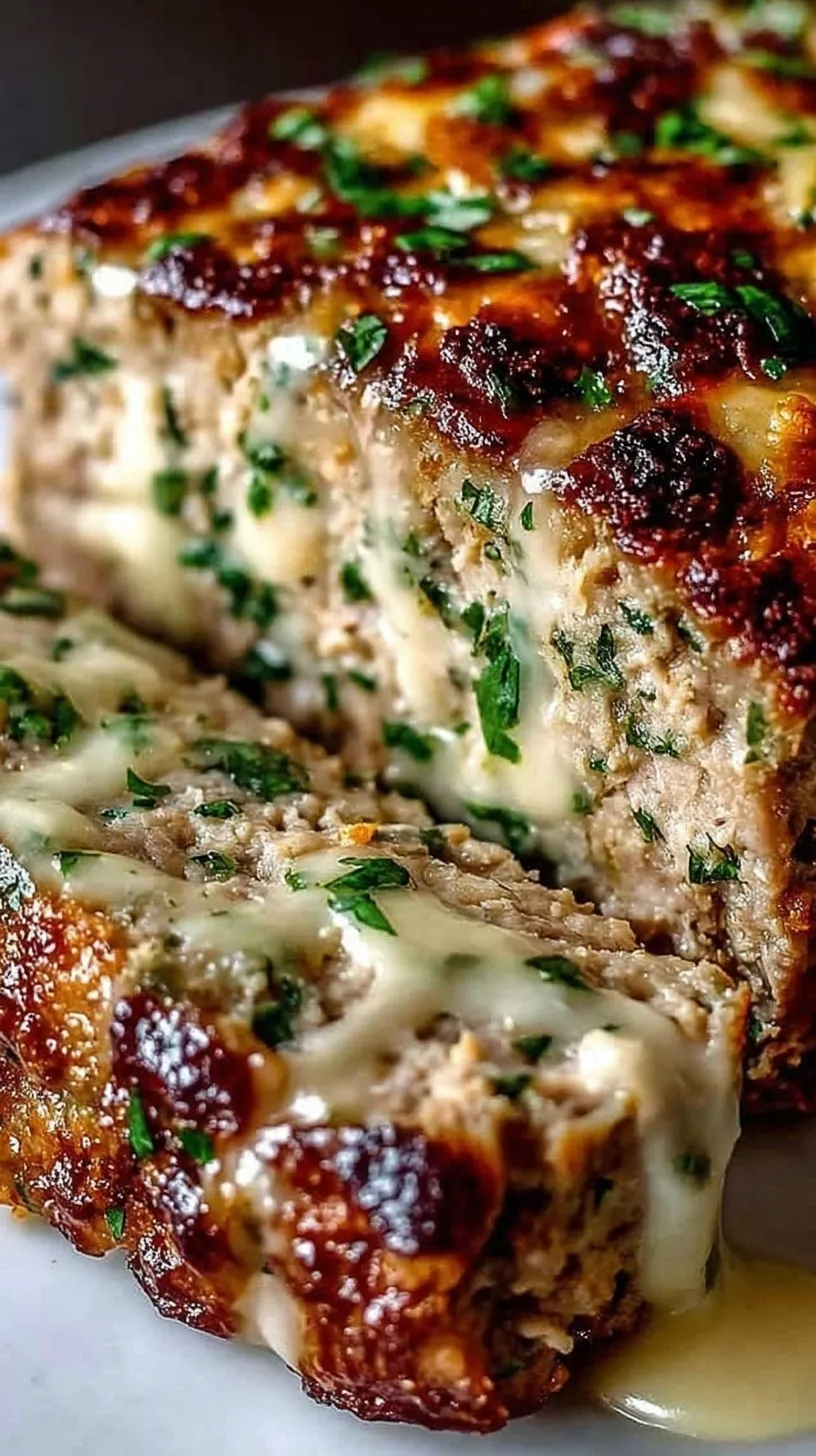 A sliced Garlic Parmesan Chicken Meatloaf in a loaf pan showing a juicy interior