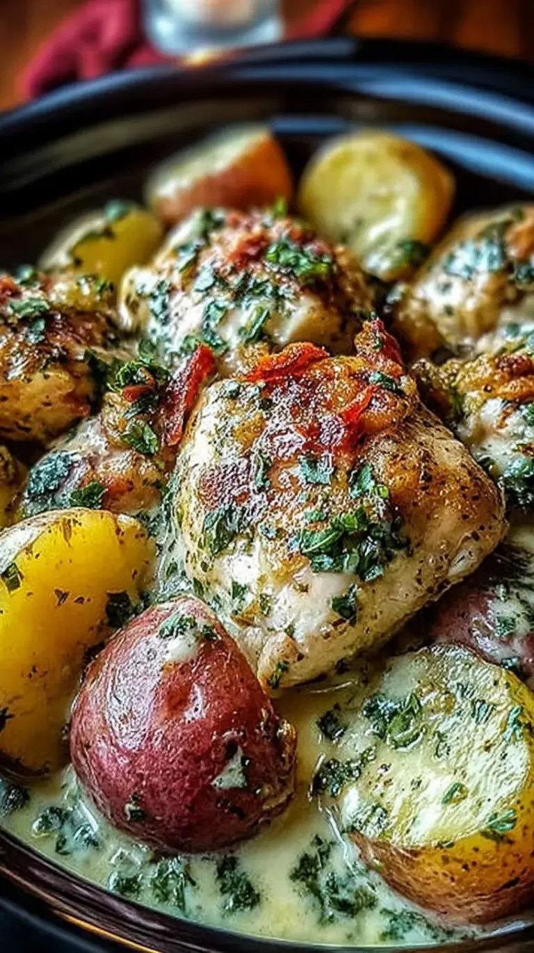 Slow cooker filled with tender garlic parmesan chicken chunks and red potatoes topped with fresh parsley