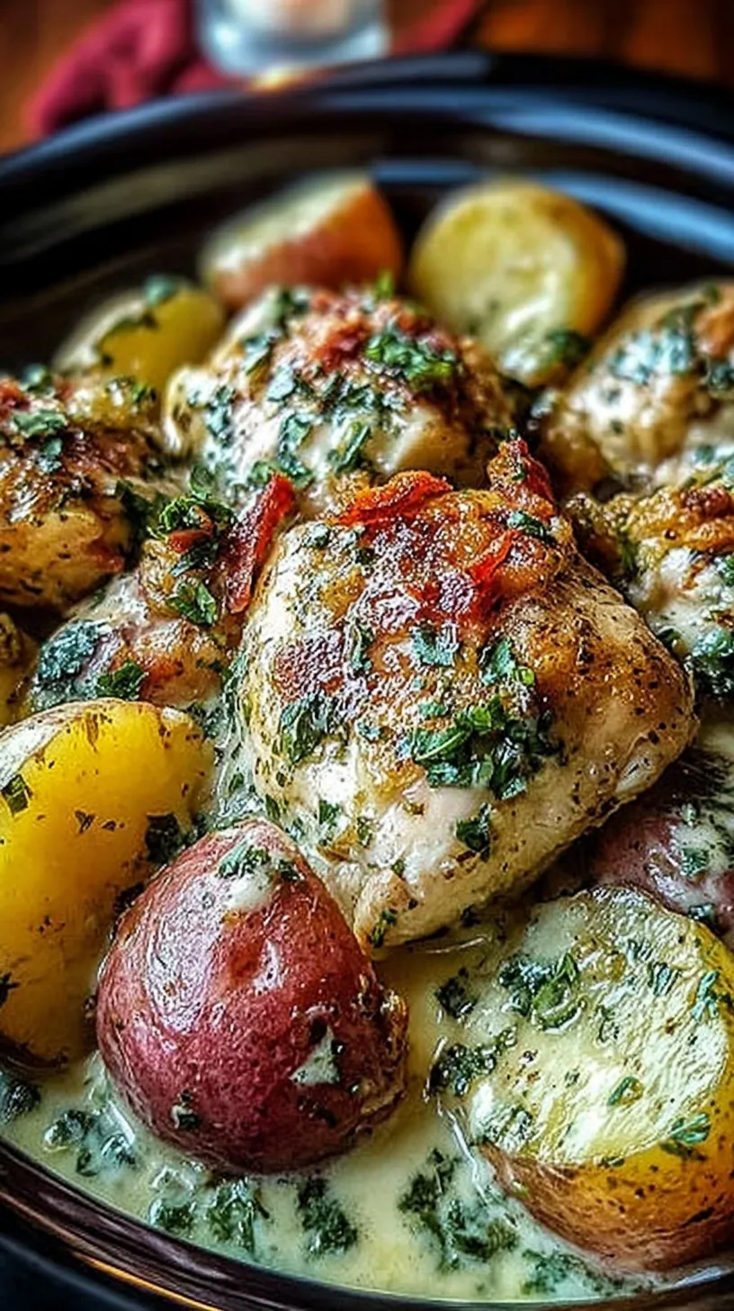 Slow cooker filled with tender garlic parmesan chicken chunks and red potatoes topped with fresh parsley