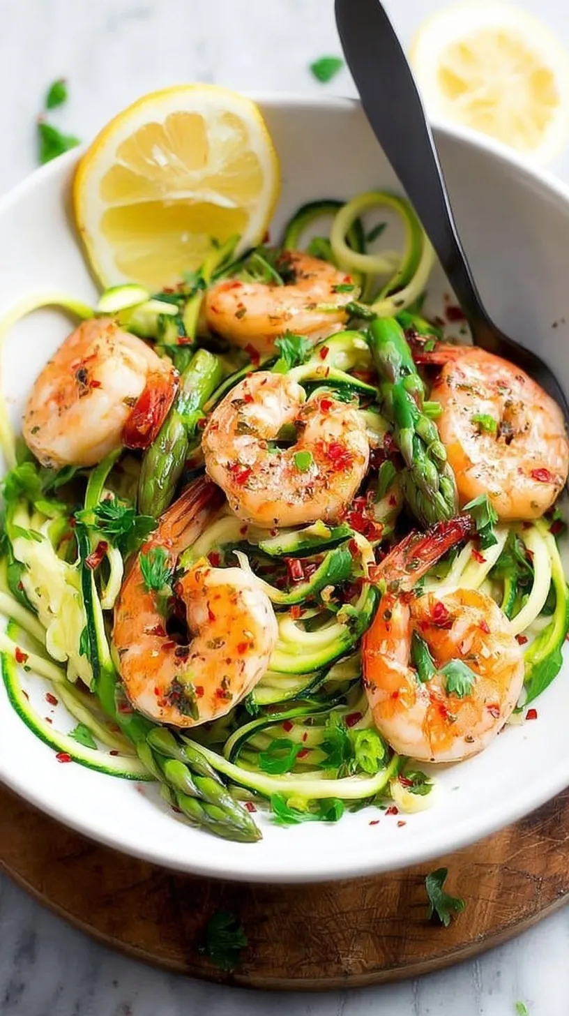 A skillet filled with sautéed shrimp, green asparagus tips, and zucchini noodles in a garlic butter sauce