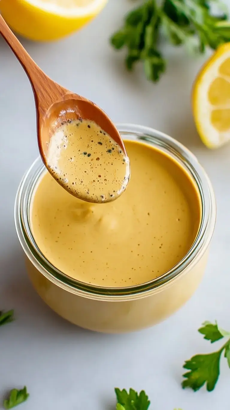 A glass jar filled with creamy garlic tahini dressing next to fresh lemons and a bowl of tahini.