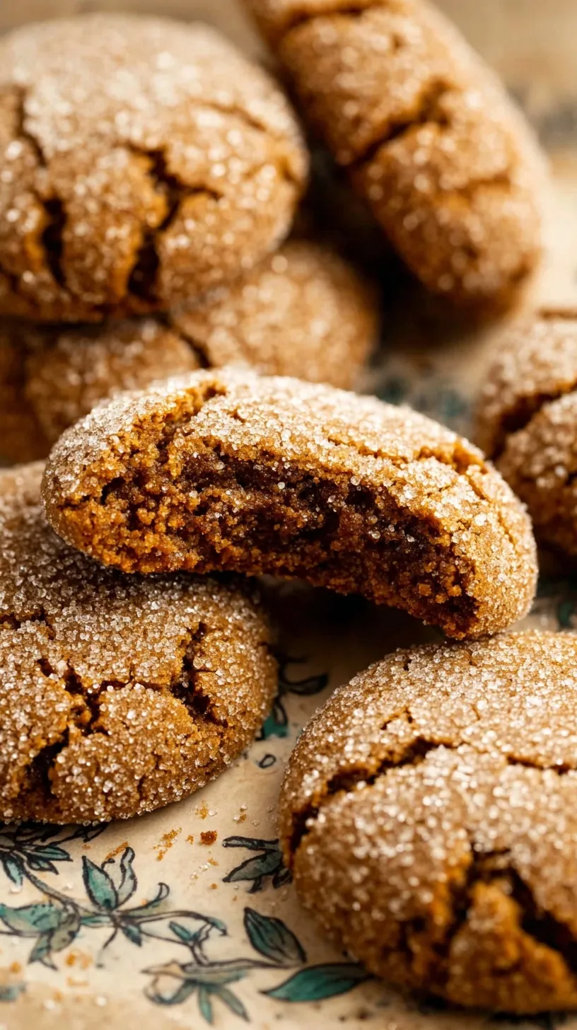 Close up of crispy gingersnap cookies with sugar coating and cracked tops