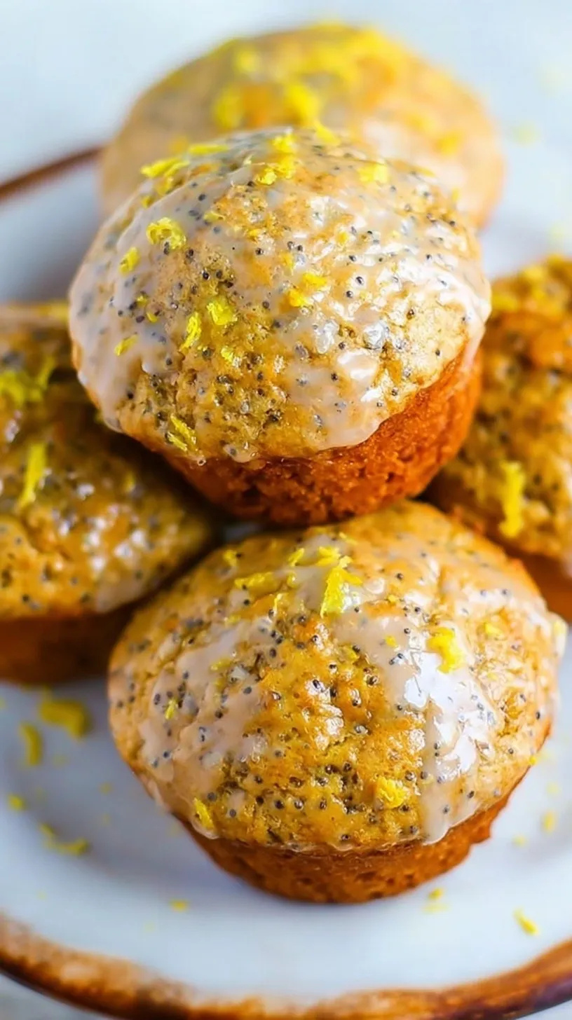 A stack of golden brown gluten-free lemon poppy seed muffins with fresh lemon zest on top.