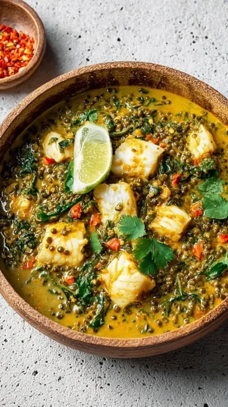 A bowl of vibrant orange Goan Style Fish Curry with fresh green chilies and steamed rice.