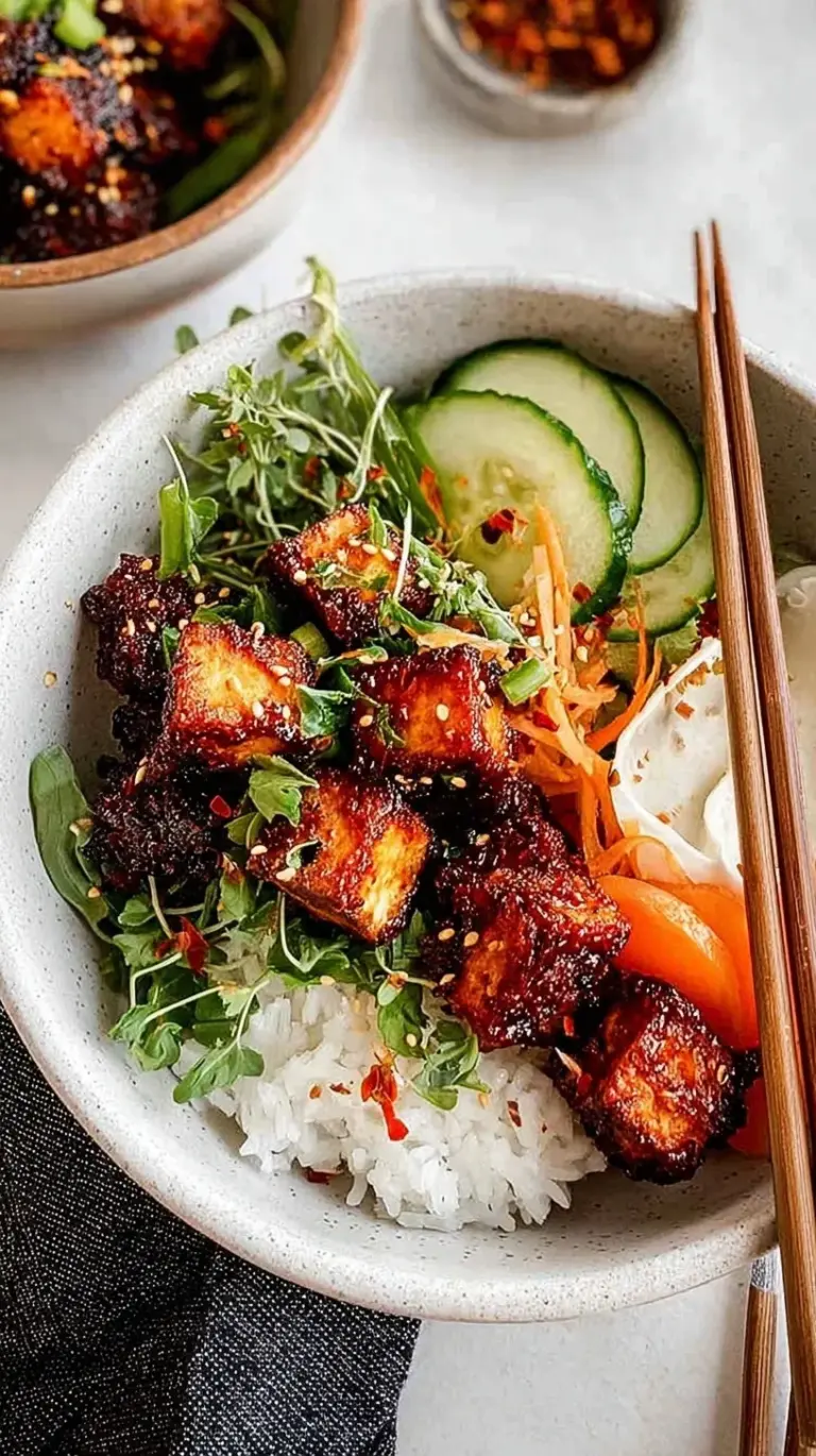 Crispy cubed tofu glazed in bright red gochujang sauce with scallions and sesame seeds