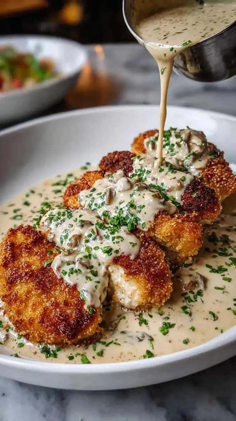 Crispy golden parmesan chicken cutlets drizzled with a rich white garlic cream sauce and fresh parsley garnish