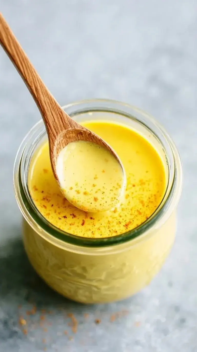 A vibrant yellow creamy turmeric tahini dressing in a glass jar with fresh lemons