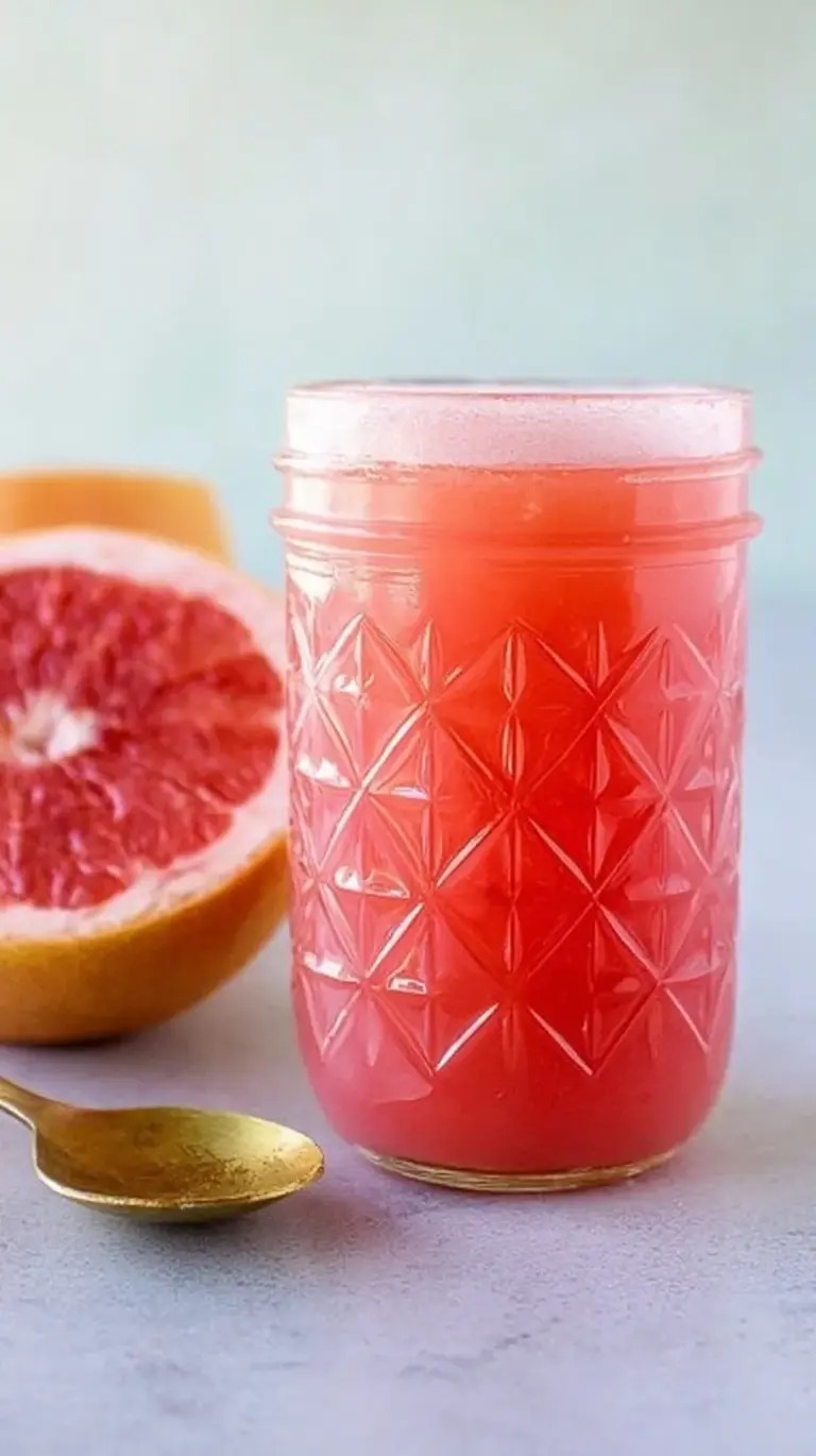A refreshing grapefruit and apple cider vinegar drink in a tall glass with ice and cinnamon
