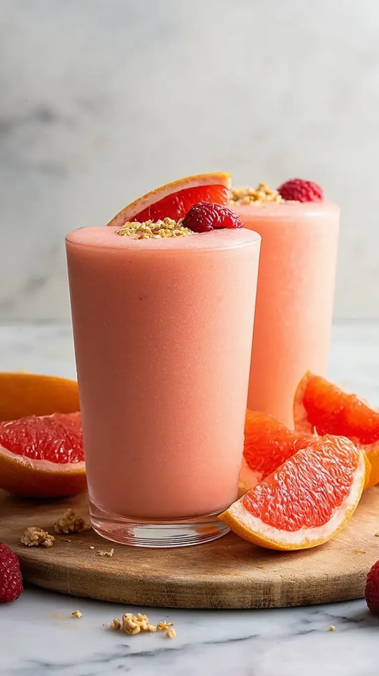 A vibrant pink grapefruit smoothie in a tall glass garnished with a grapefruit wedge and fresh mint.