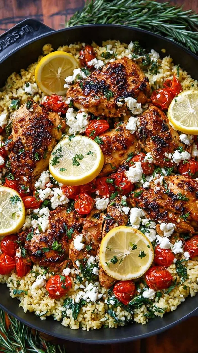 A large skillet filled with Greek chicken pieces, fluffy lemon rice, fresh parsley, and crumbled feta cheese.