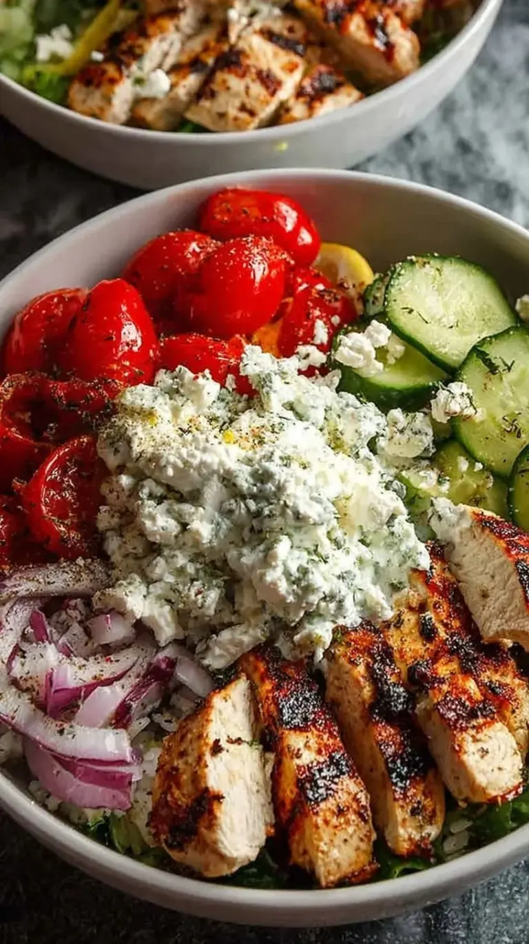 Healthy Greek chicken bowl with lemon rice, cucumber salad, feta, and tzatziki sauce
