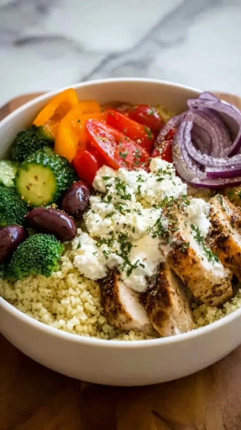 A vibrant Greek Chicken Couscous Bowl topped with grilled chicken, cucumber, tomatoes, olives, and feta cheese.