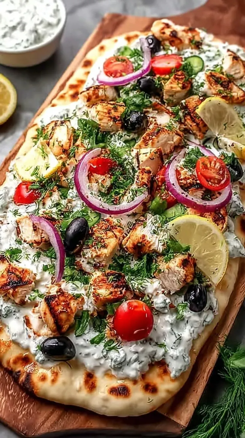 Grilled chicken flatbread topped with tomatoes, cucumbers, olives, and feta cheese