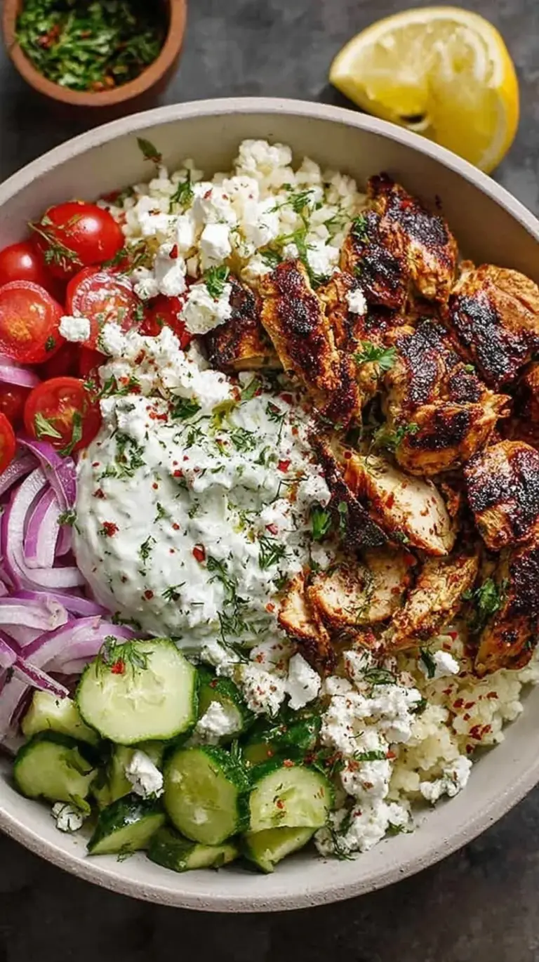 A colorful Greek Chicken Gyro Bowl with lemon chicken, rice, cucumber, tomatoes, and tzatziki.
