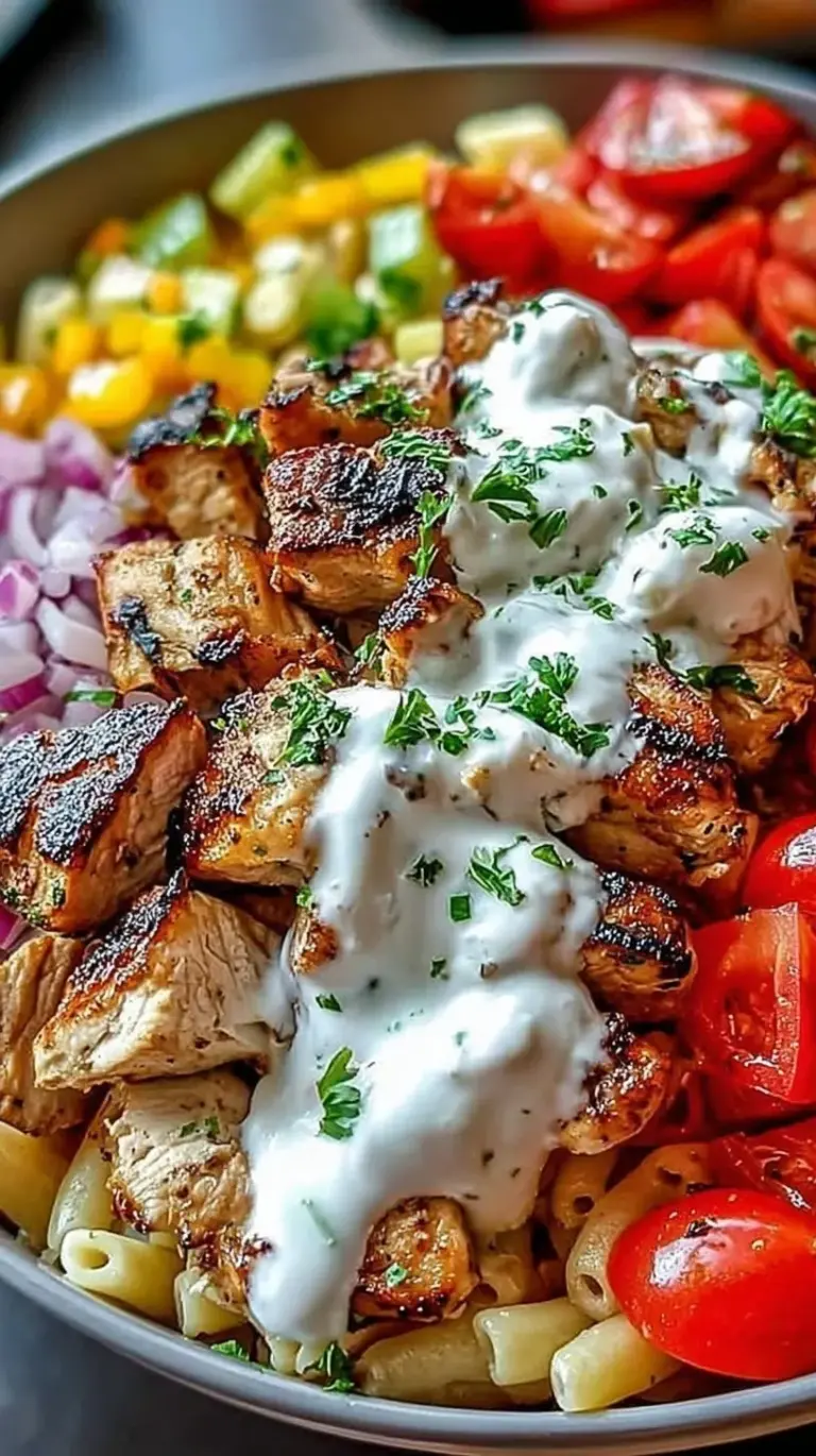 A bowl of Greek Chicken Gyro Pasta with feta, olives, and cucumbers