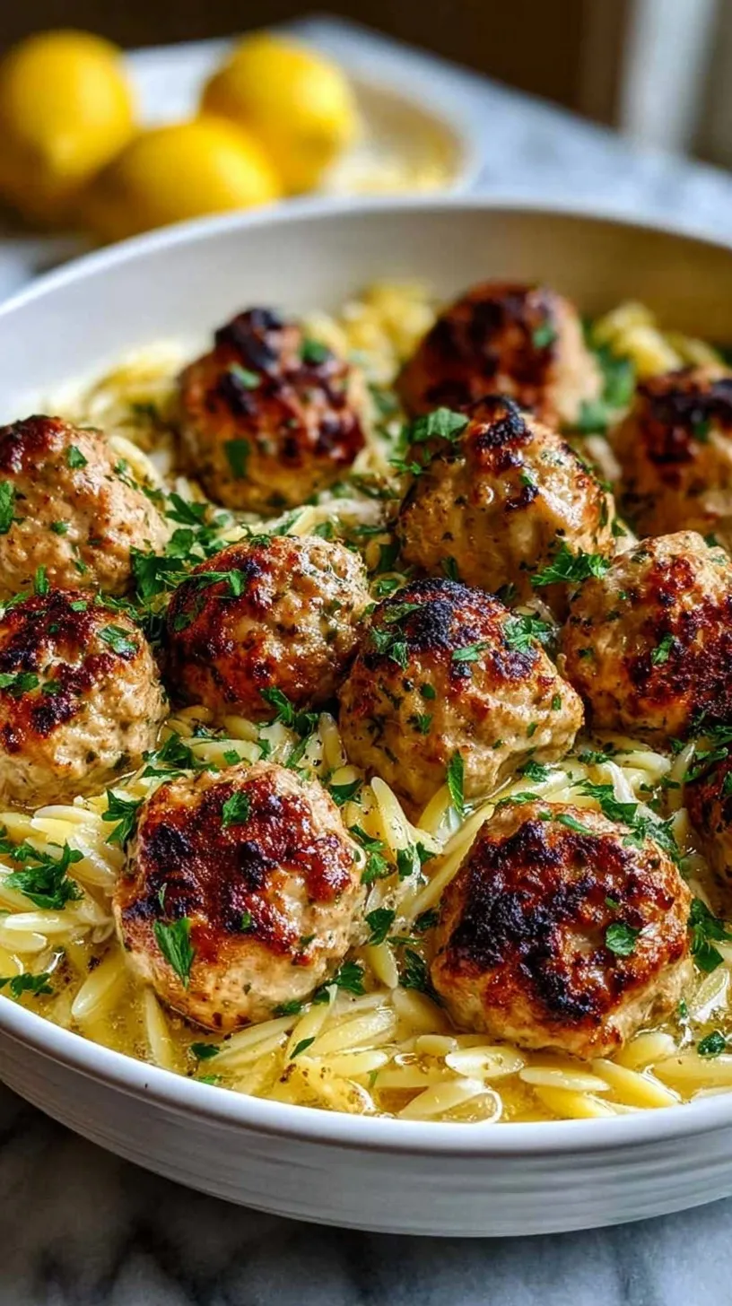 Golden browned chicken meatballs served over yellow lemon orzo with fresh spinach and feta cheese in a skillet.
