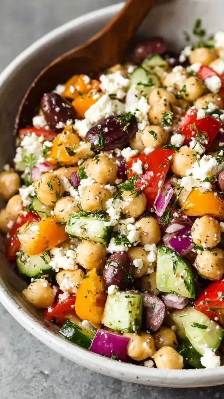 A vibrant Greek Chickpea Salad in a large bowl with cucumbers, tomatoes, and feta cheese.