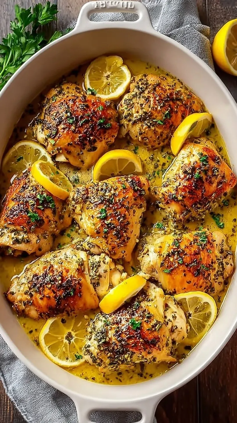 Roasted Greek lemon chicken pieces with golden potato wedges and fresh parsley in a roasting pan.