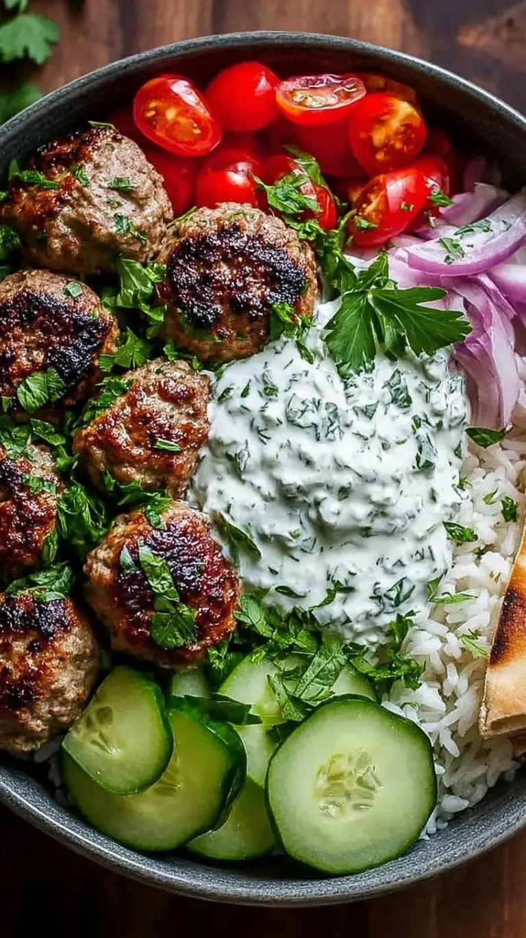 A vibrant Greek Meatball Bowl with beef meatballs, lemon rice, tomatoes, cucumbers, and creamy tzatziki