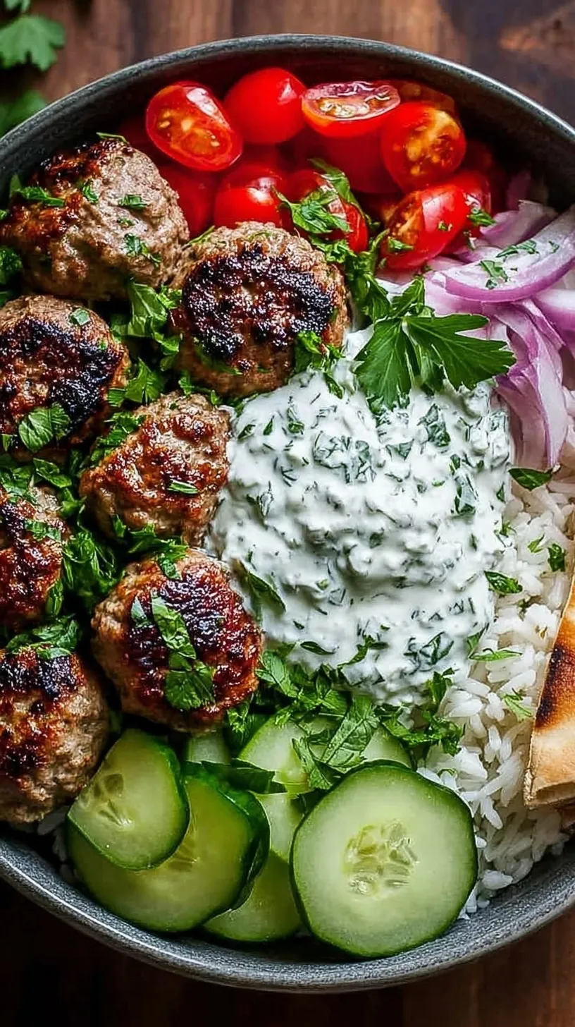 A vibrant Greek Meatball Bowl with beef meatballs, lemon rice, tomatoes, cucumbers, and creamy tzatziki