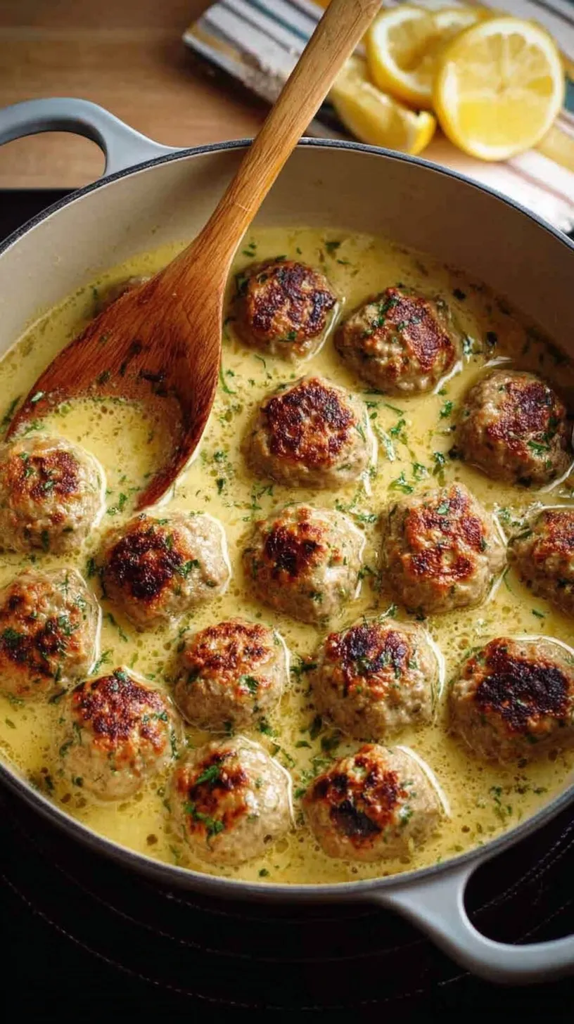 A skillet filled with juicy Greek meatballs coated in a creamy, pale yellow lemon sauce and garnished with fresh green herbs.