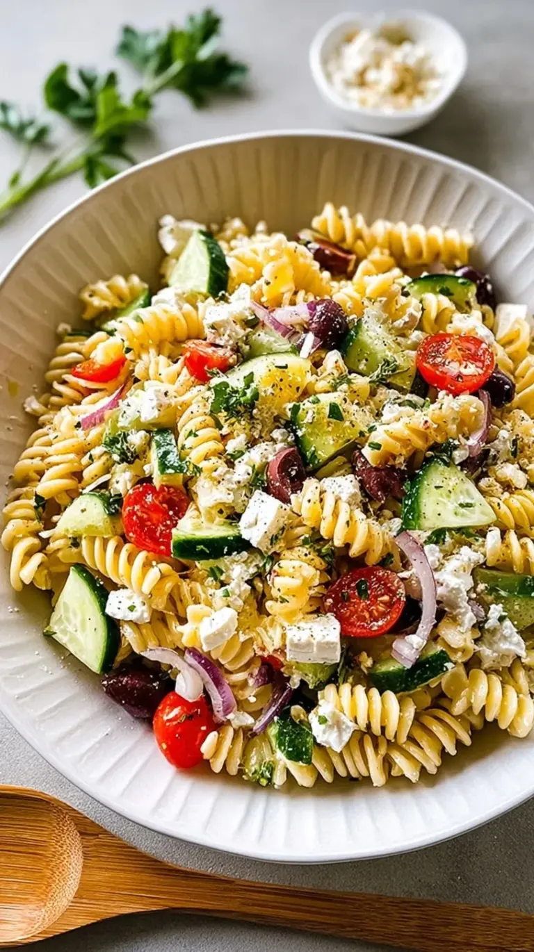 A vibrant bowl of rotini pasta salad with tomatoes, cucumbers, olives, and feta cheese.