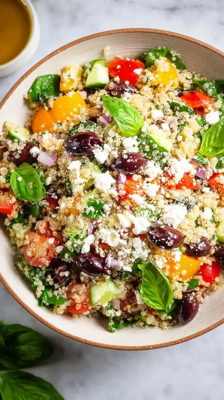 A vibrant bowl of Greek Quinoa Salad with cherry tomatoes, cucumbers, and crumbled feta cheese.