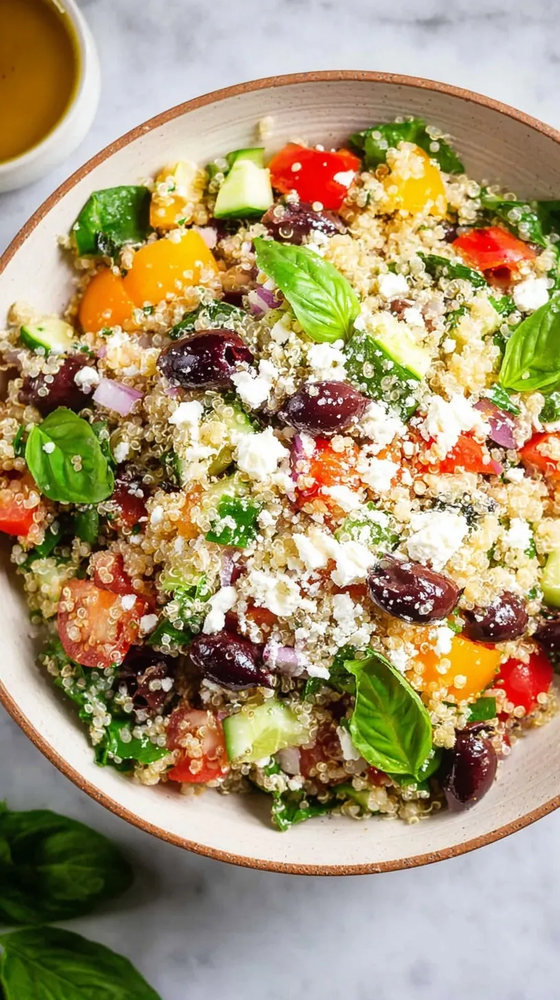 A vibrant bowl of Greek Quinoa Salad with cherry tomatoes, cucumbers, and crumbled feta cheese.