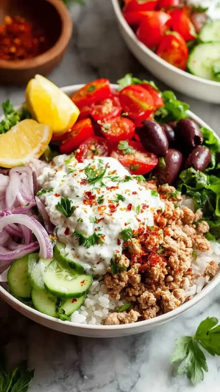 A colorful Greek Turkey Rice Bowl with seasoned turkey, feta, and tzatziki
