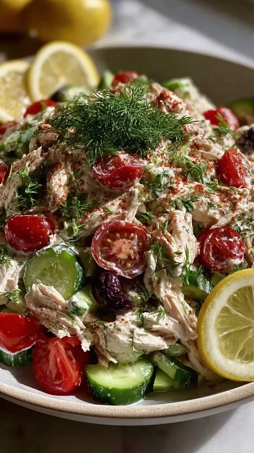 A bowl of creamy Greek Tzatziki Chicken Salad with olives, tomatoes, and feta cheese