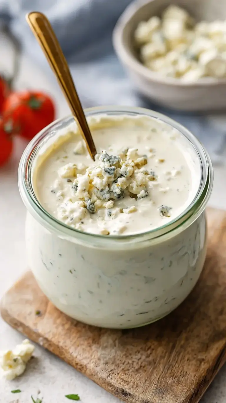 Creamy blue cheese dressing in a glass jar with fresh chives and blue cheese crumbles