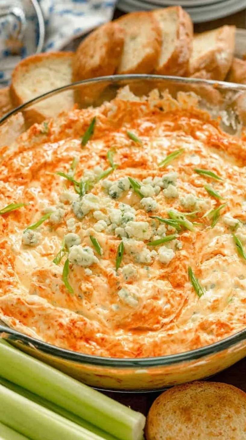 Close up of bubbly Greek Yogurt Buffalo Chicken Dip in a skillet.