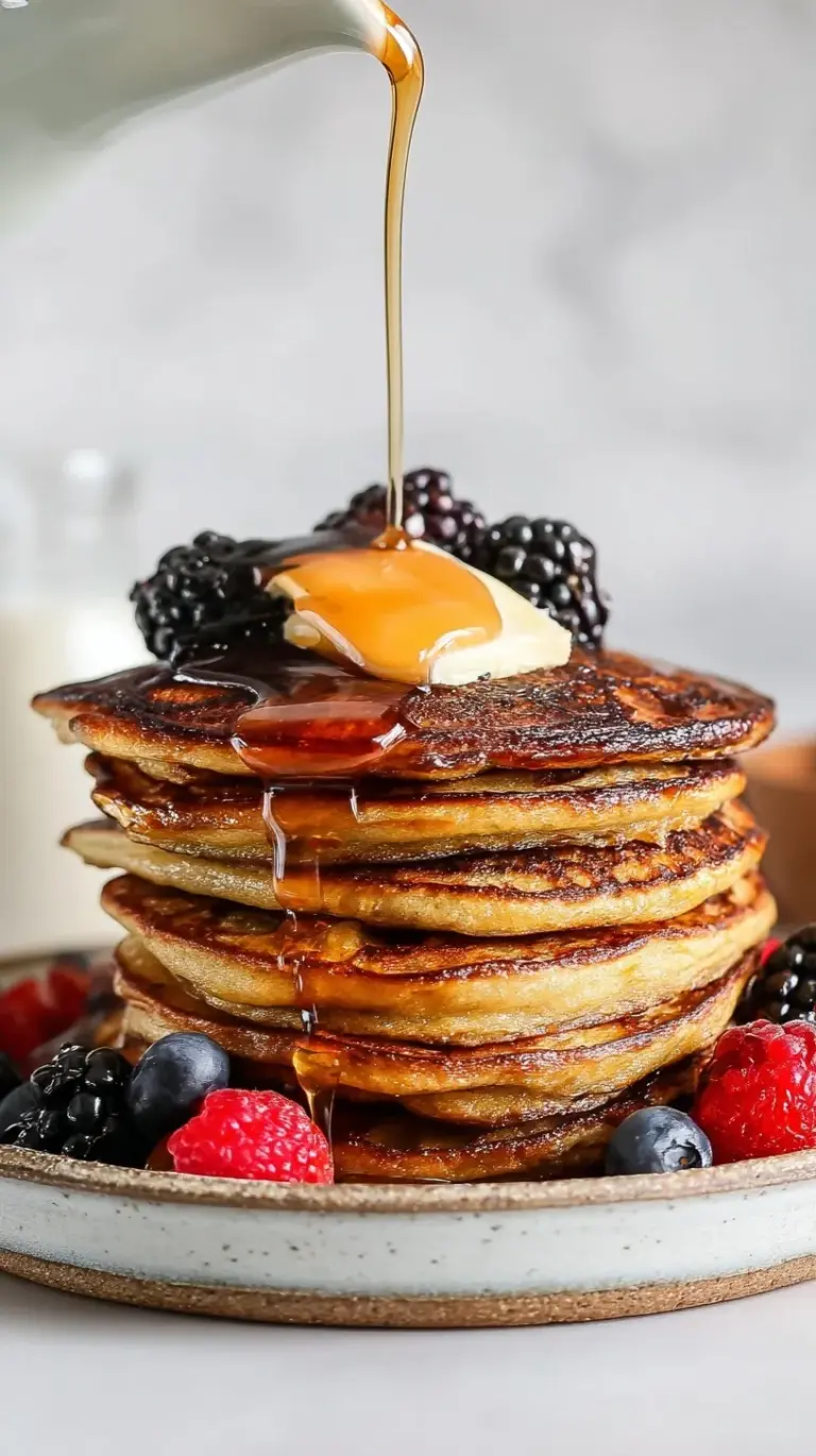 A tall stack of fluffy Greek yogurt pancakes topped with fresh blueberries and syrup.