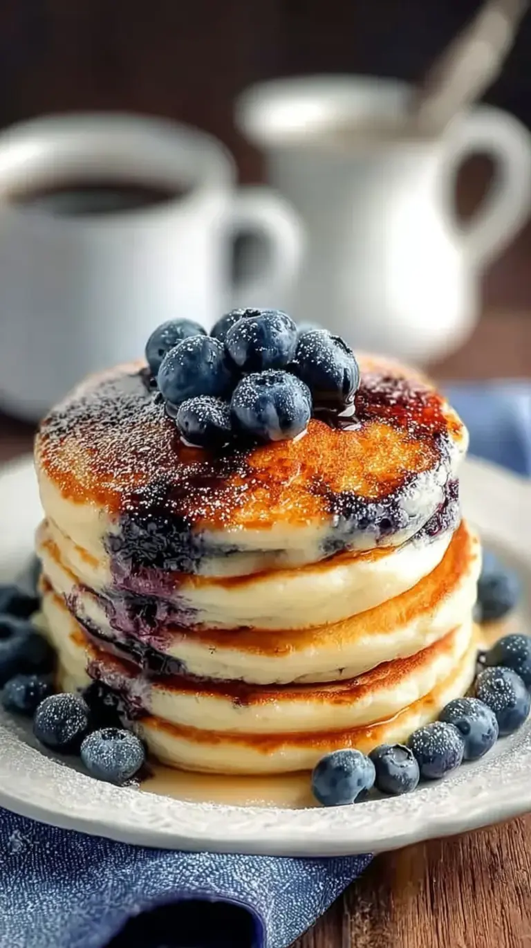 Stack of thick Greek yogurt pancakes topped with fresh blueberries and dripping maple syrup