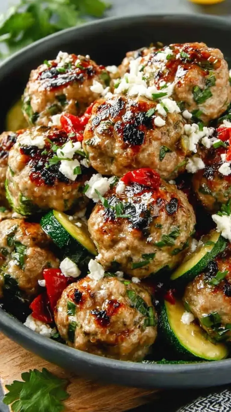 A tray of golden brown Greek turkey meatballs with zucchini and feta cheese