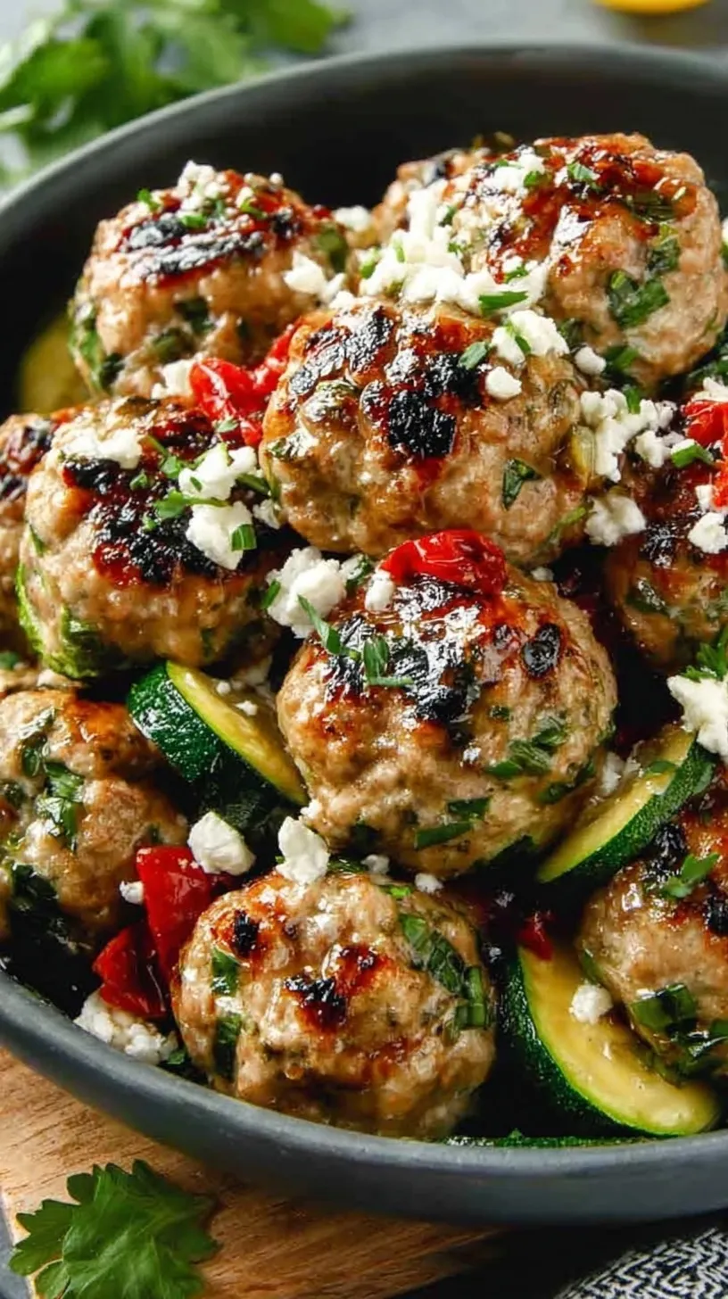 A tray of golden brown Greek turkey meatballs with zucchini and feta cheese
