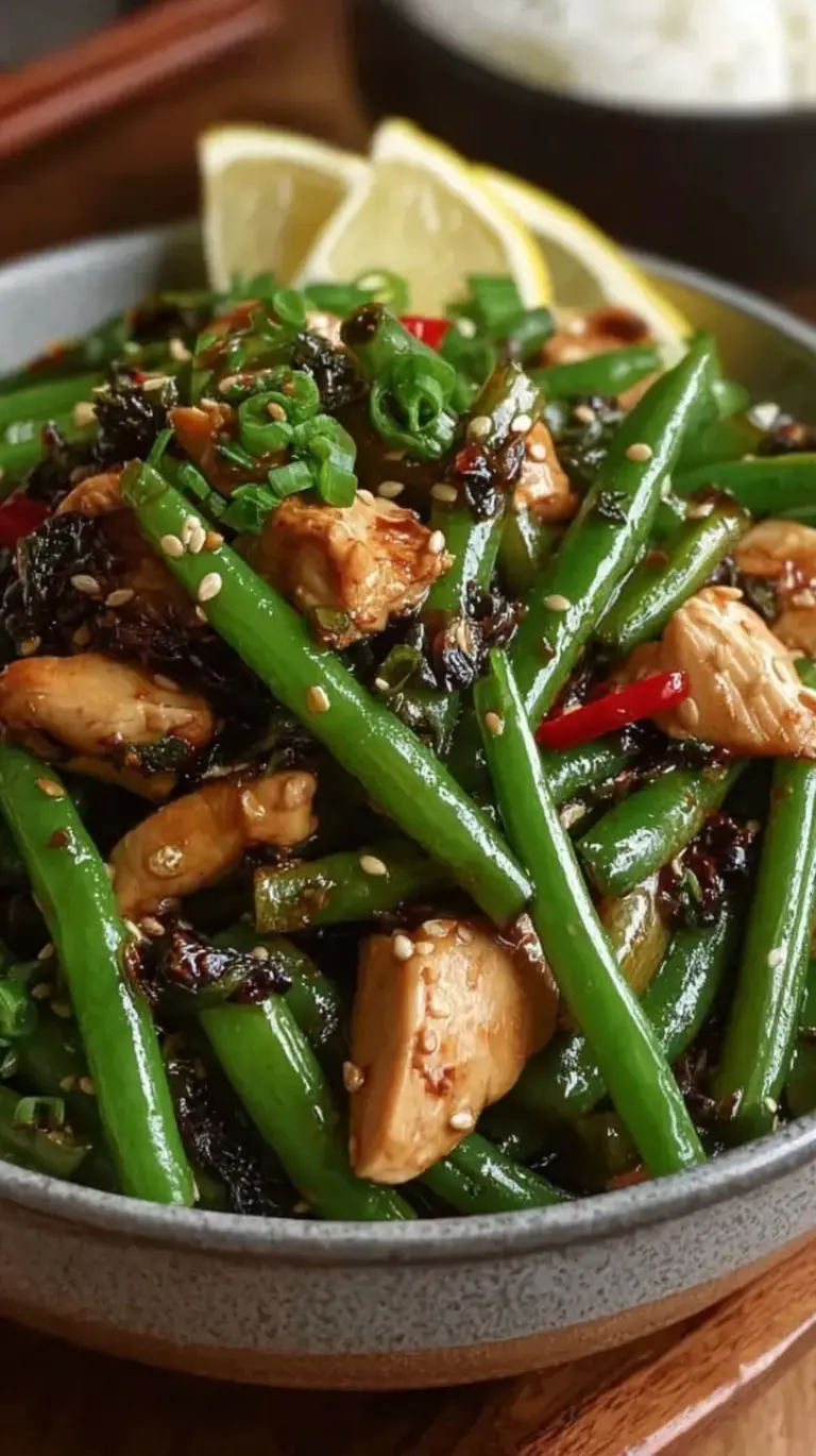 A steaming pan of Green Bean and Chicken Stir Fry with a glossy brown sauce
