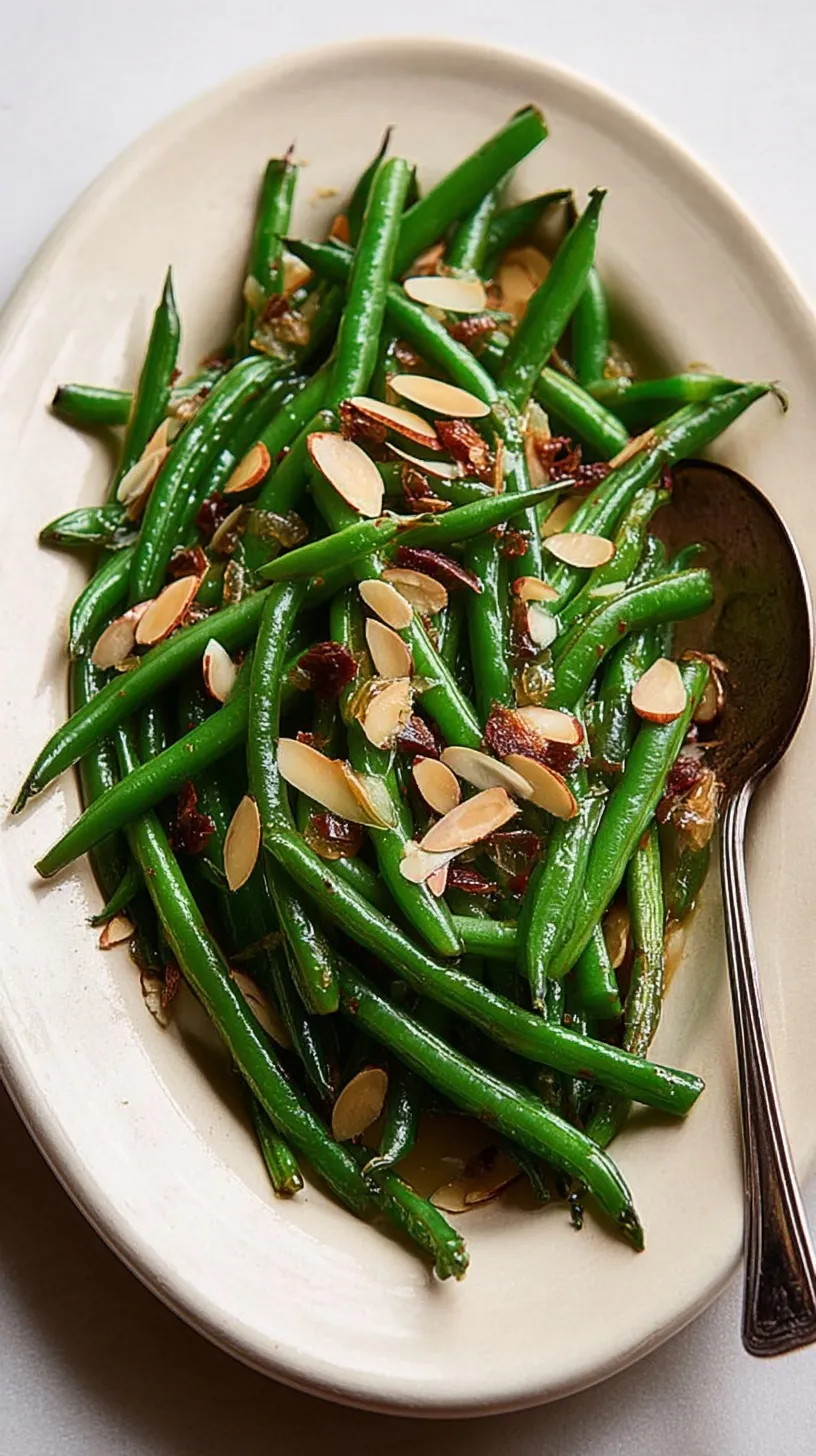 Fresh green beans sautéed with golden toasted sliced almonds and lemon in a skillet.