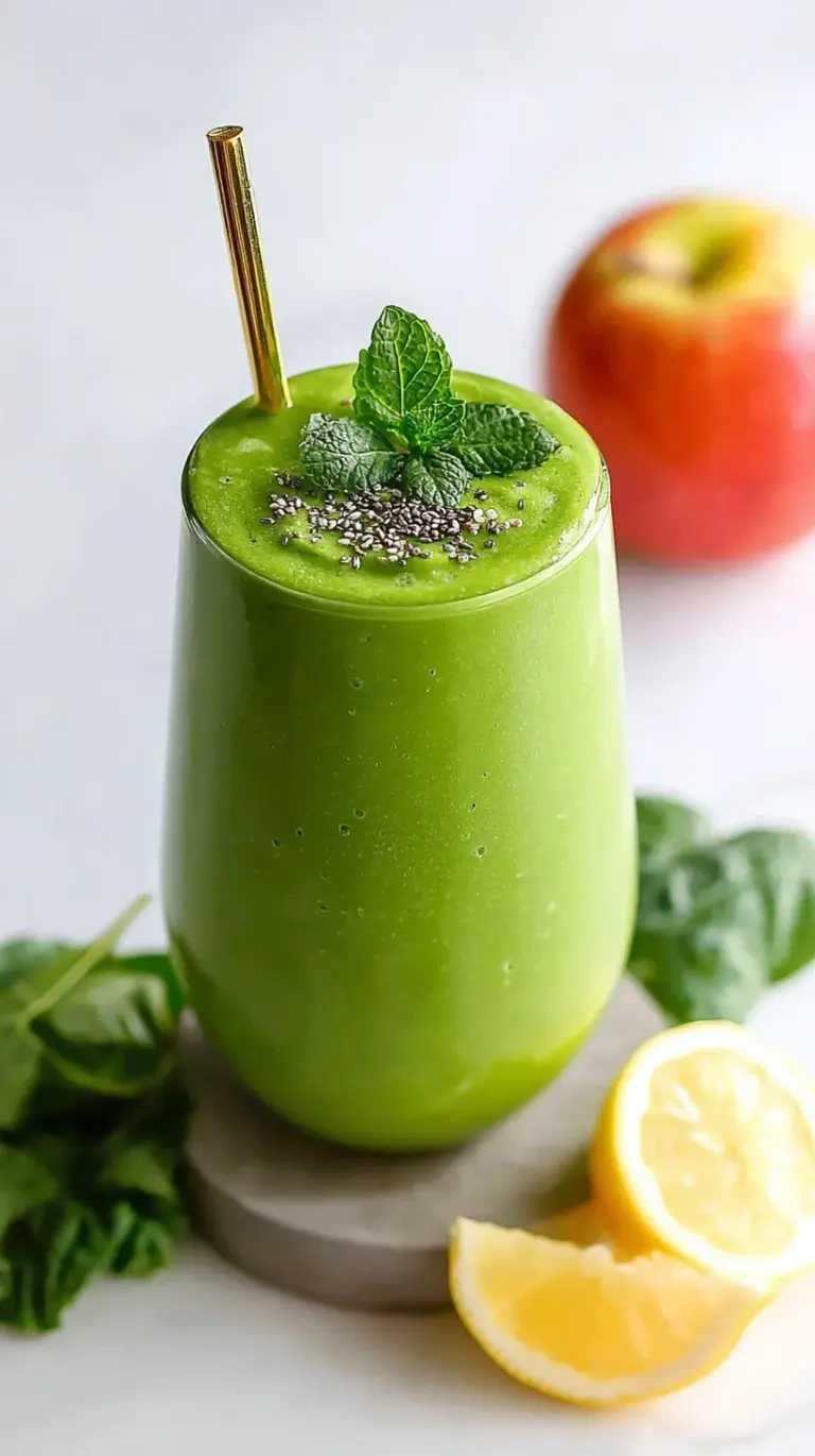 A vibrant green detox smoothie in a glass with fresh kale and cucumber slices nearby.