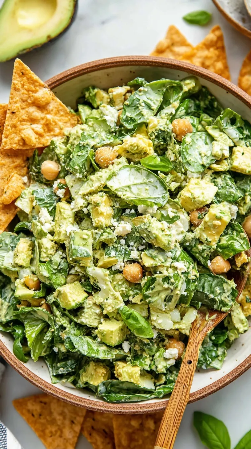 A close-up shot of the Viral Green Goddess Salad featuring finely diced cabbage and a vibrant green dressing.