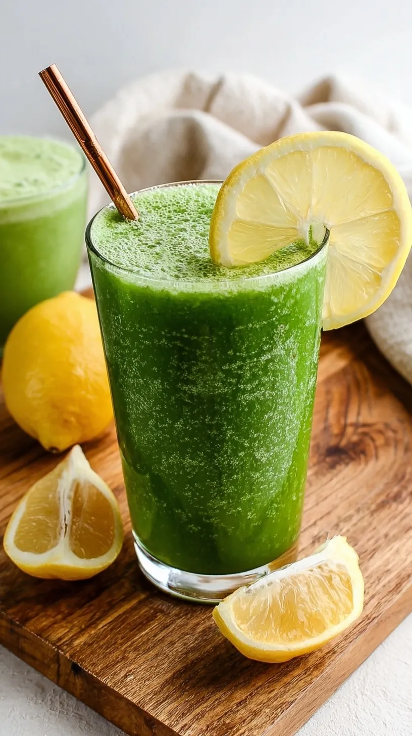 A vibrant green lemonade smoothie in a glass with a lemon slice garnish and fresh spinach leaves nearby.