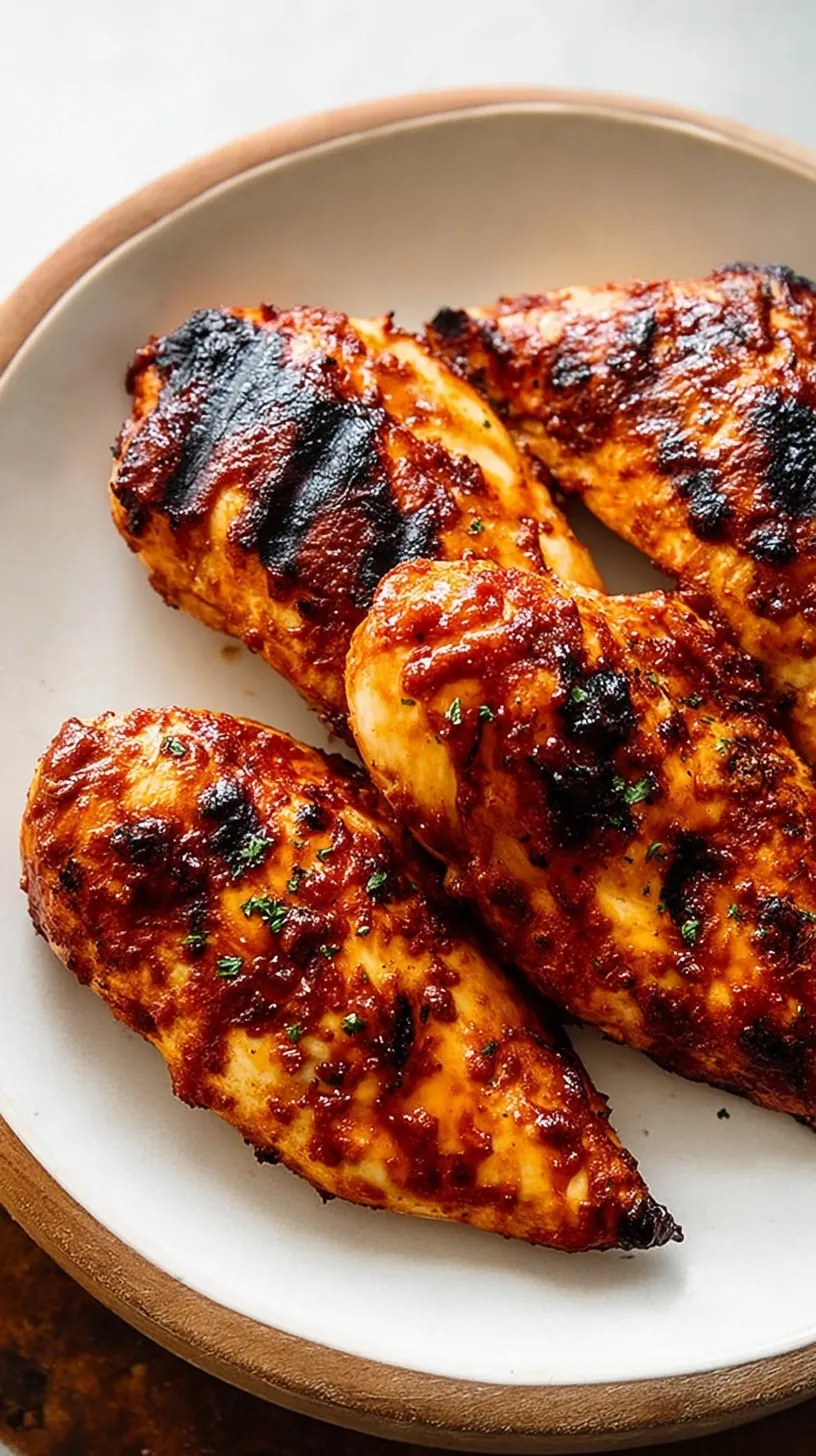 Juicy grilled BBQ chicken breasts with charred grill marks and a glossy barbecue glaze on a platter.