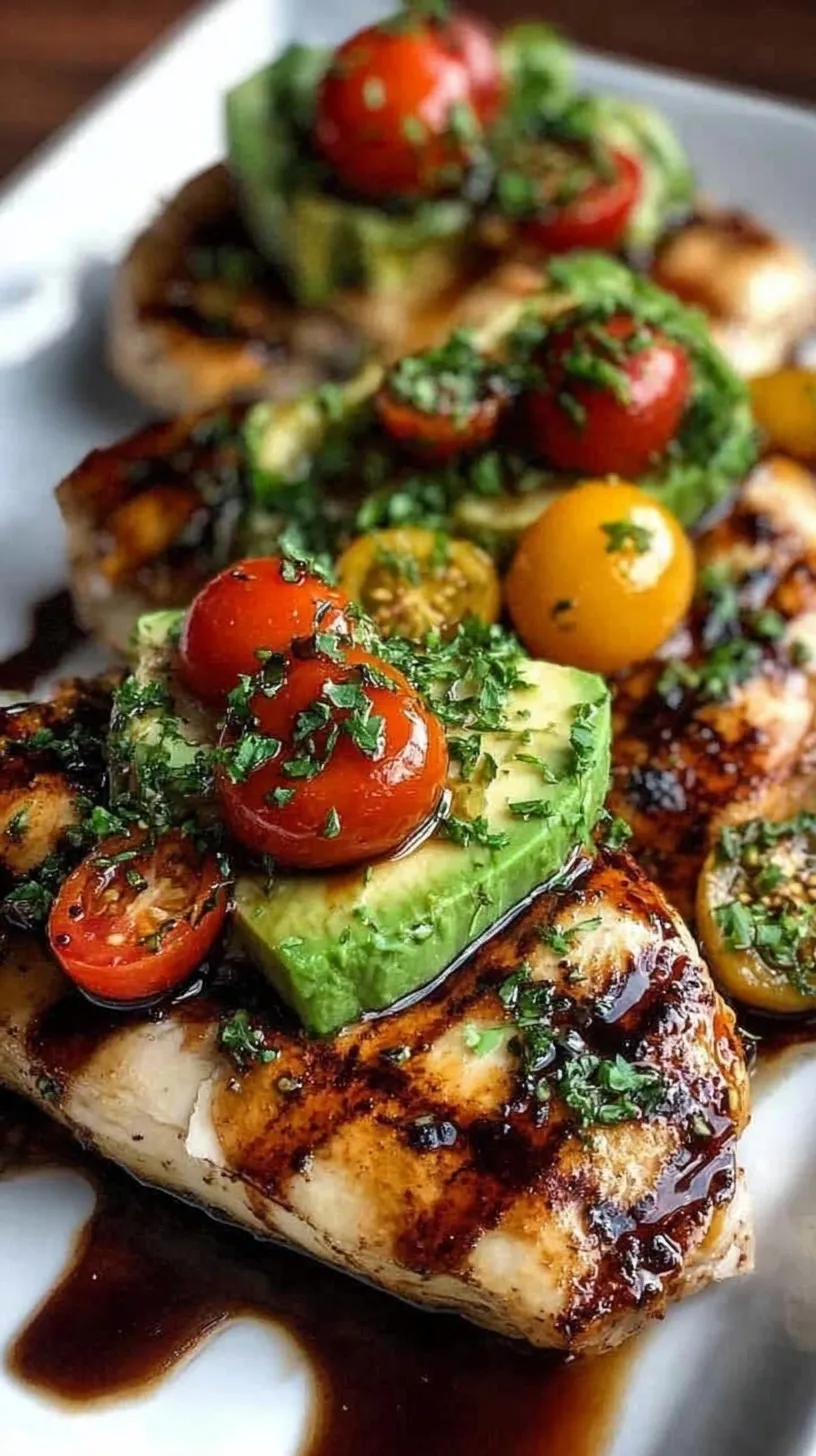 Grilled chicken breast topped with melted mozzarella, sliced avocado, tomato, and balsamic glaze on a white plate