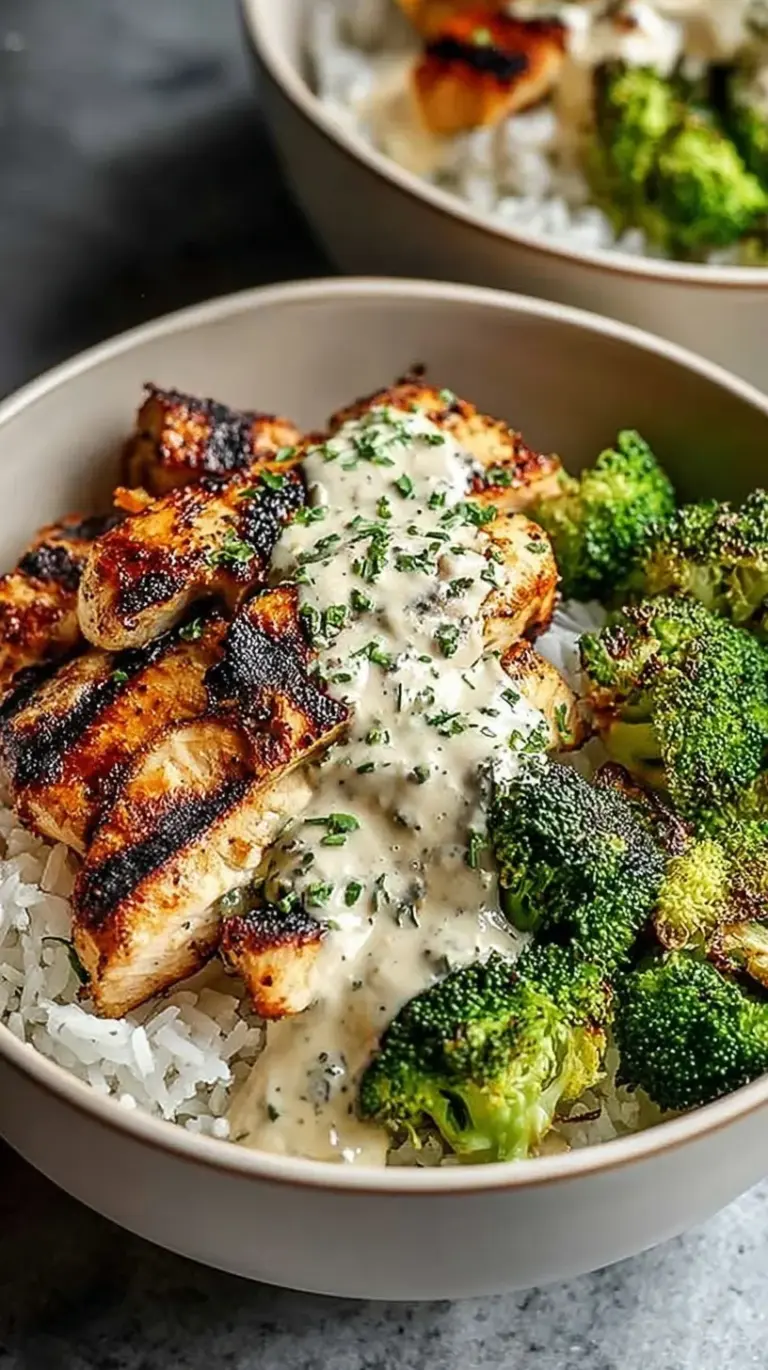 A bowl of grilled chicken cubes and steamed broccoli over white rice drizzled with creamy garlic sauce