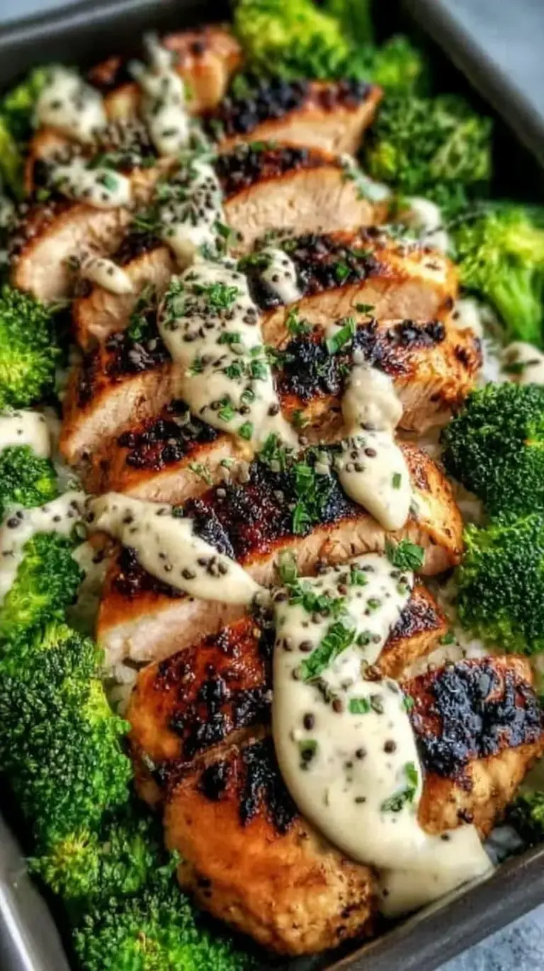 Grilled chicken strips and green broccoli over rice with creamy garlic sauce in a white bowl