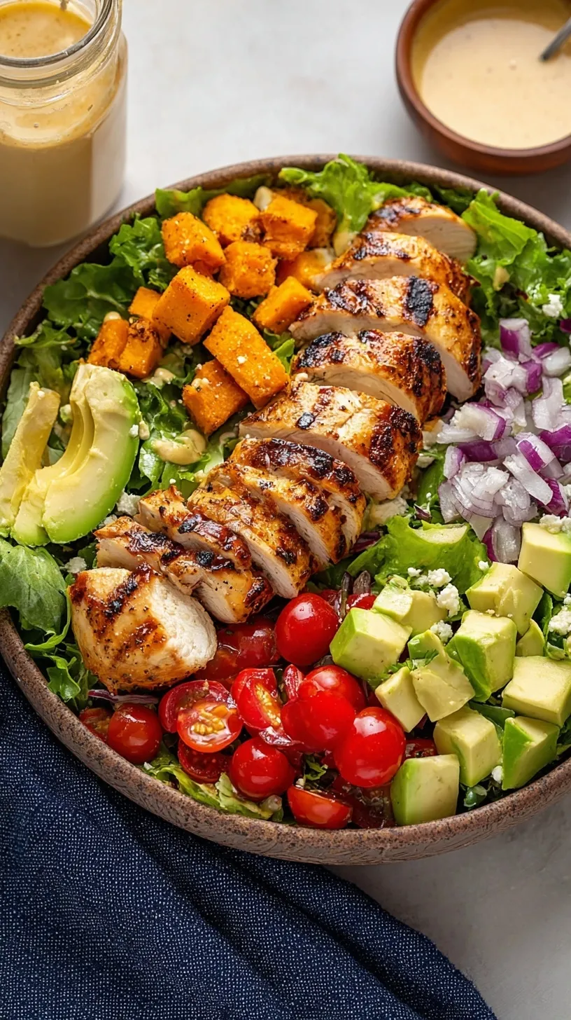 Sliced juicy grilled chicken breast over a fresh bed of mixed greens with tomatoes and cucumbers